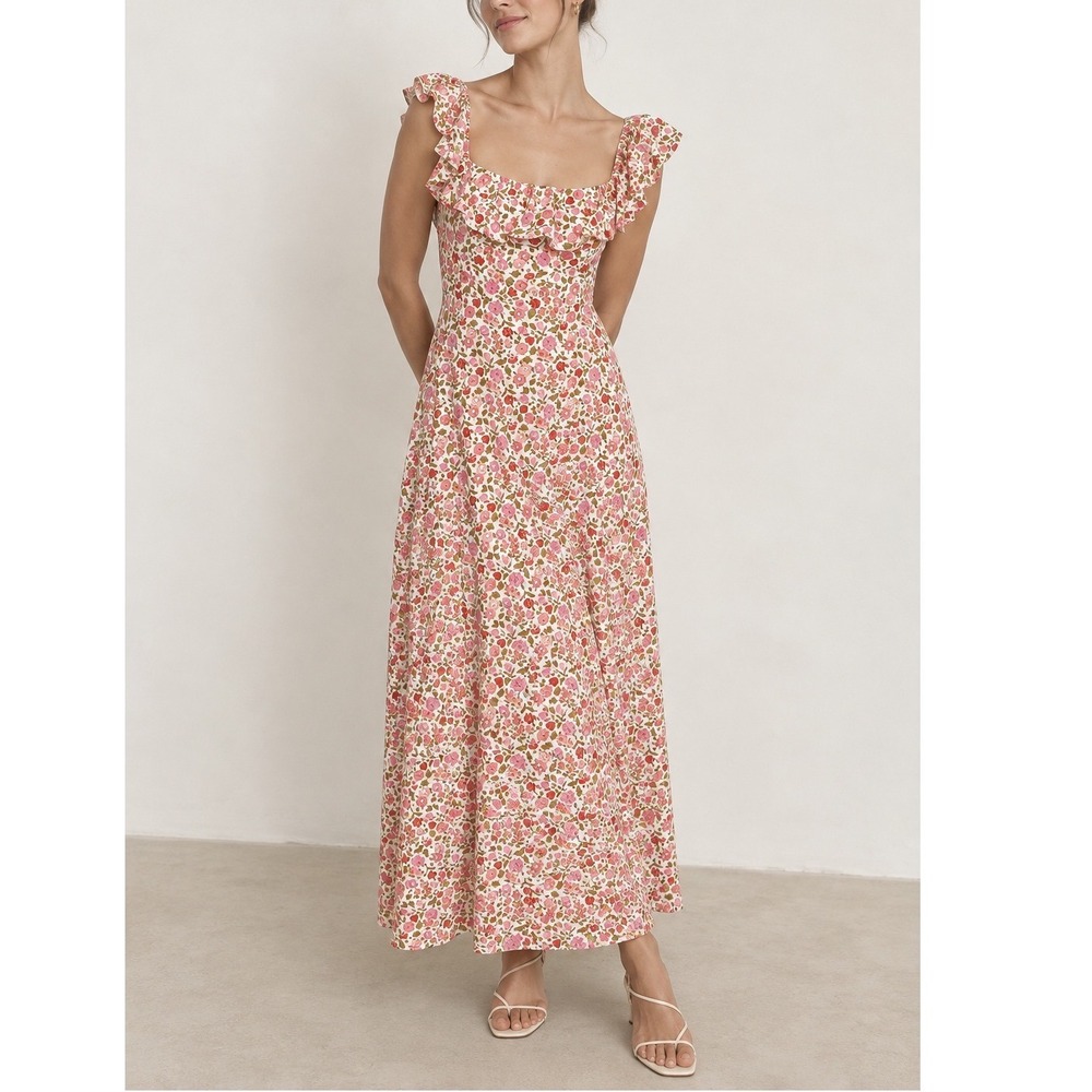 o.p.t Floral Maxi Dress Medium Linen Blend Ruffle Square Neck Pink Prairie